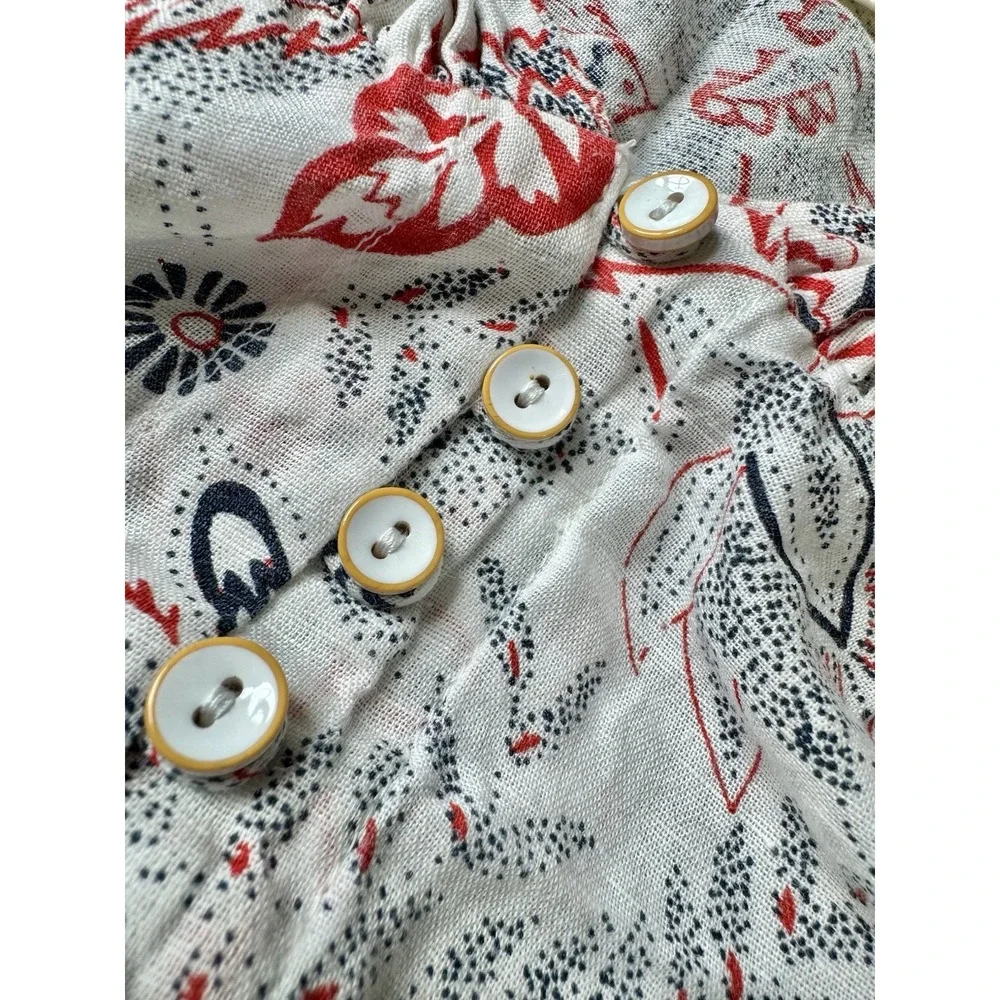 Anthropologie Maeve Linen Cotton Red White Blue‎ Floral Blouse Puff Sleeve 2/XS
